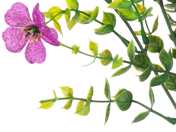 Artificial purple daisy flower with green eucalyptus leaves on white background