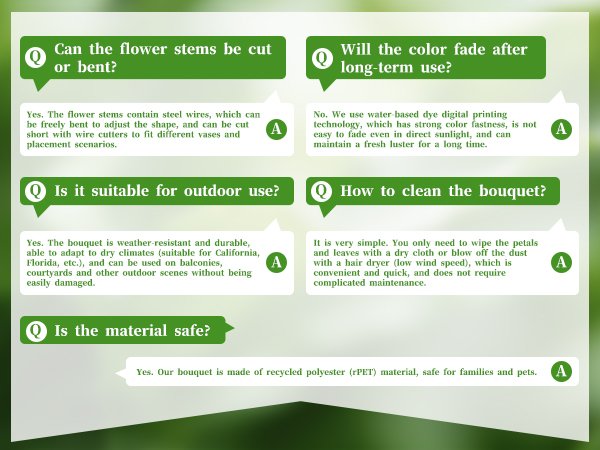 FAQ graphic about artificial daisy flowers, covering stem flexibility, colorfastness, outdoor suitability, cleaning, and material safety.