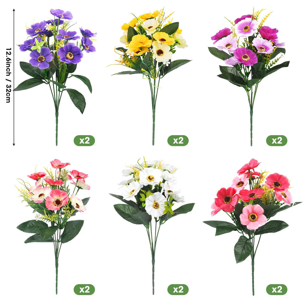 Six bouquets of artificial daisy silk flowers in purple, yellow, pink, red, and white, with a size indicator of 12.6 inches / 32cm.