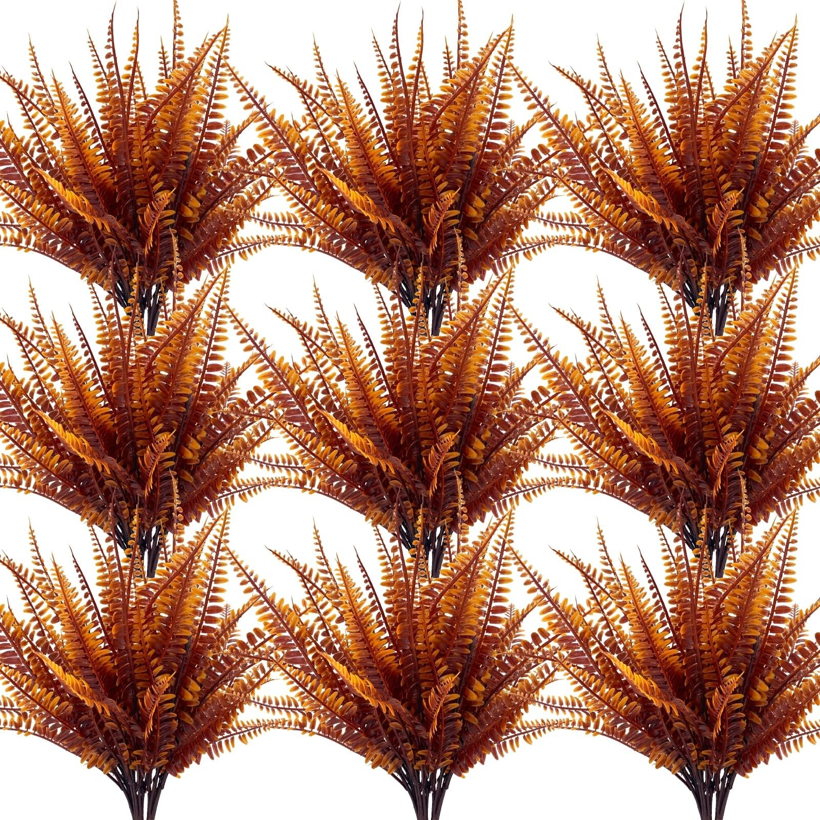 Twelve bundles of artificial fall fern and mum plants with brown and orange foliage, displayed in a grid pattern on a white background.