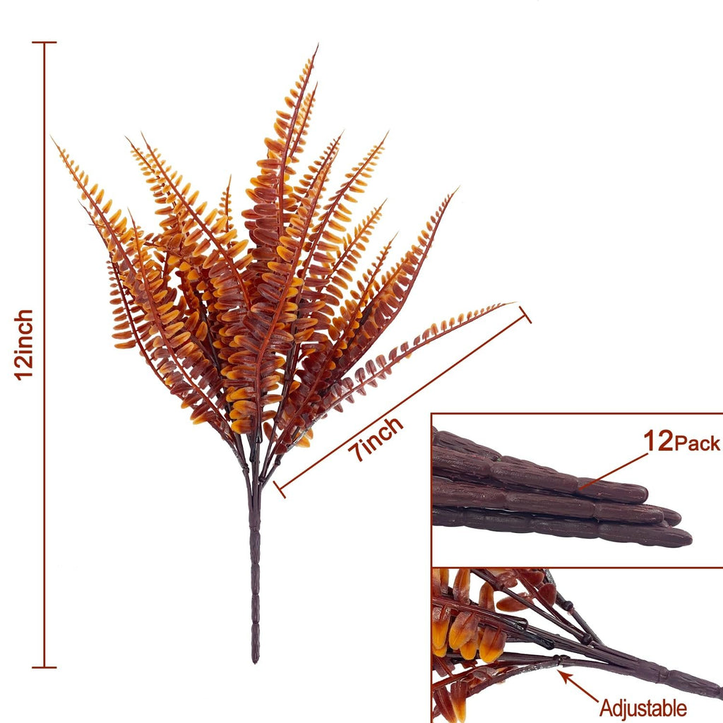 Artificial fall fern bush with orange and brown leaves, showing dimensions and a close-up of the leaves and stem.