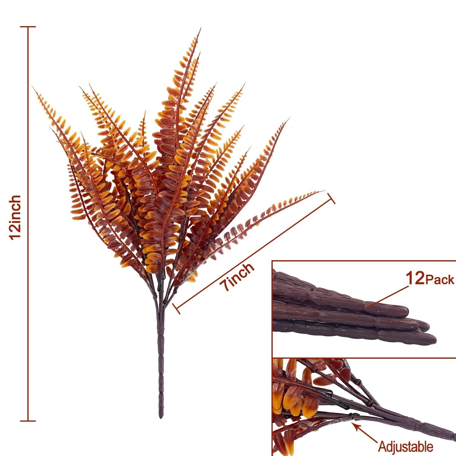 Artificial fall fern bush with orange and brown leaves, showing dimensions and a close-up of the leaves and stem.