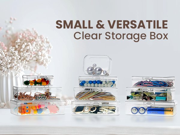 Stack of clear plastic storage boxes filled with craft supplies, jewelry, and office supplies.