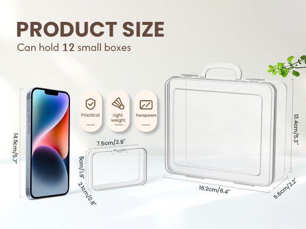 Product size comparison showing a smartphone next to clear plastic bead organizers and their dimensions, with a larger organizer shown on the right.