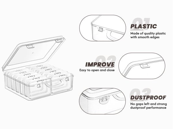 Set of clear plastic bead organizers with hinged lids, shown open with multiple compartments inside.