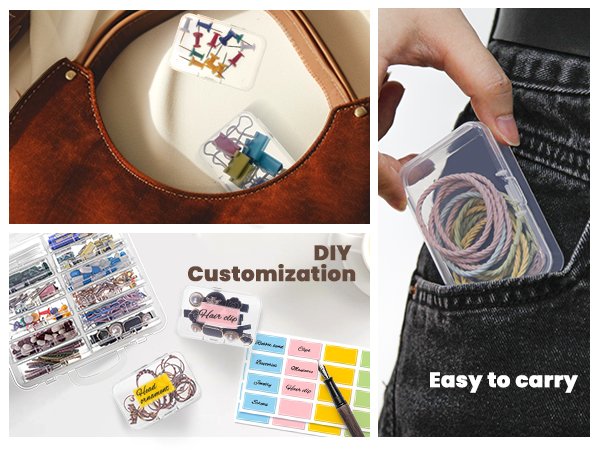 Collage of clear plastic bead organizers holding various small items like push pins, paper clips, and hair ties, with labels and a pocket view.