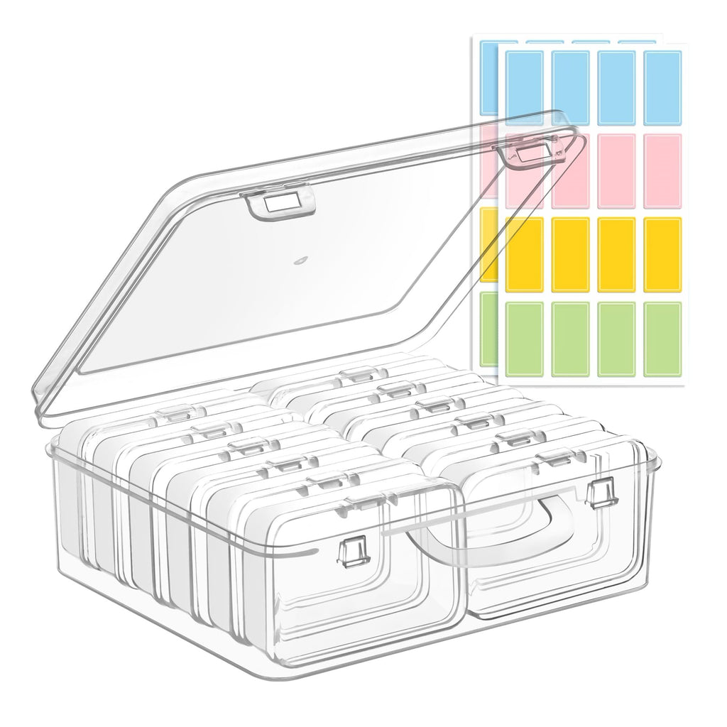 Clear plastic bead organizer with hinged lid open, showing multiple compartments inside. Colorful label sheets are visible behind the organizer.