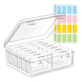 Clear plastic bead organizer with hinged lid open, showing multiple compartments inside. Colorful label sheets are visible behind the organizer.