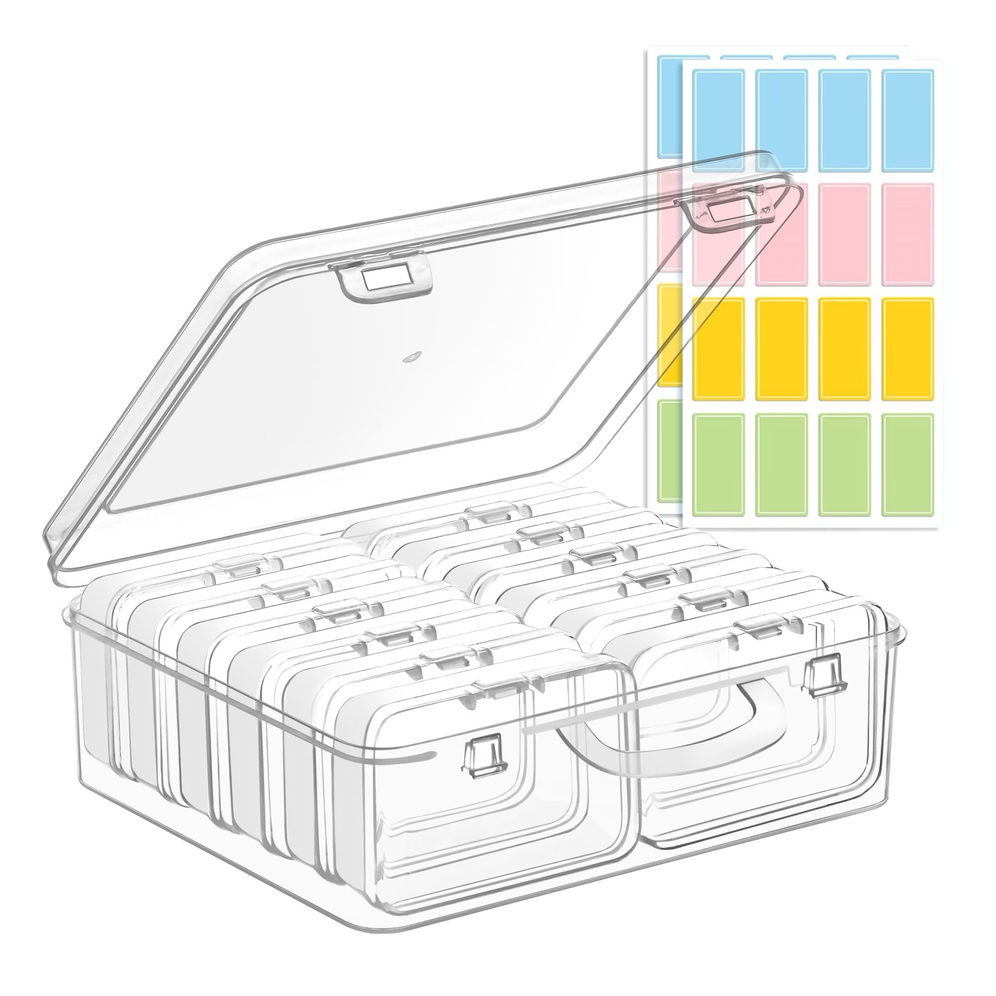 Clear plastic bead organizer with hinged lid open, showing multiple compartments inside. Colorful label sheets are visible behind the organizer.