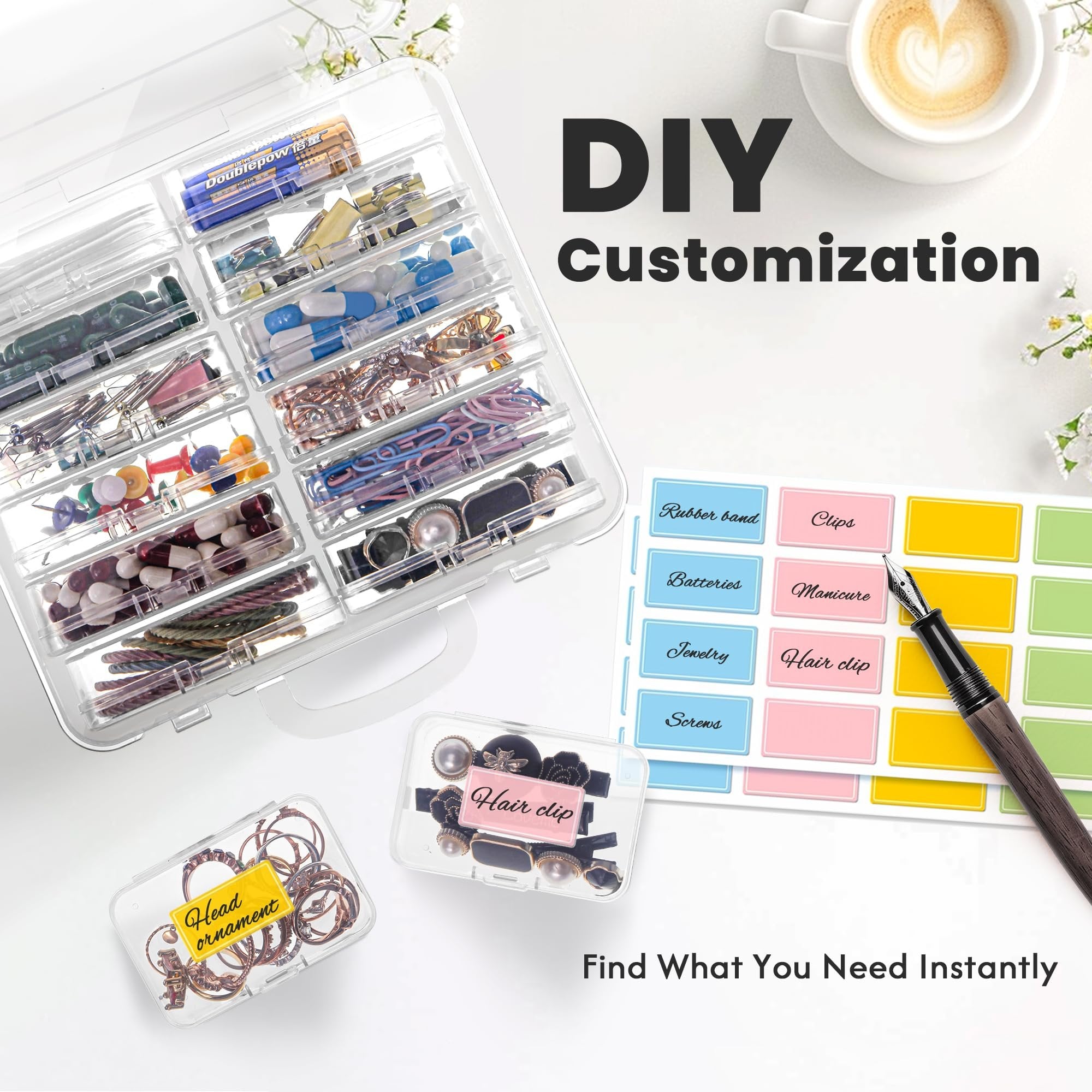 Clear plastic organizer filled with craft supplies, hair accessories, and batteries, with labels and a coffee cup.