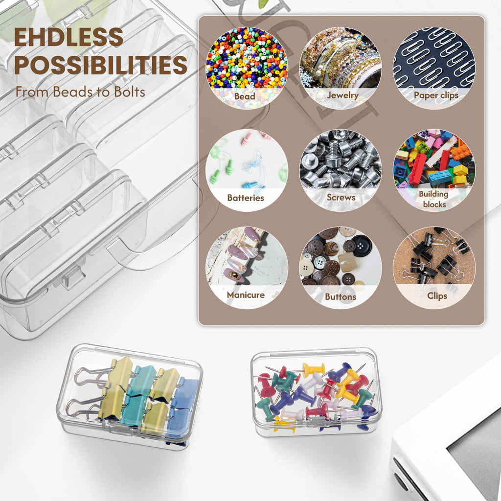 Clear plastic organizer boxes filled with various small items like beads, jewelry, paper clips, batteries, screws, building blocks, manicure supplies, buttons, and clips.