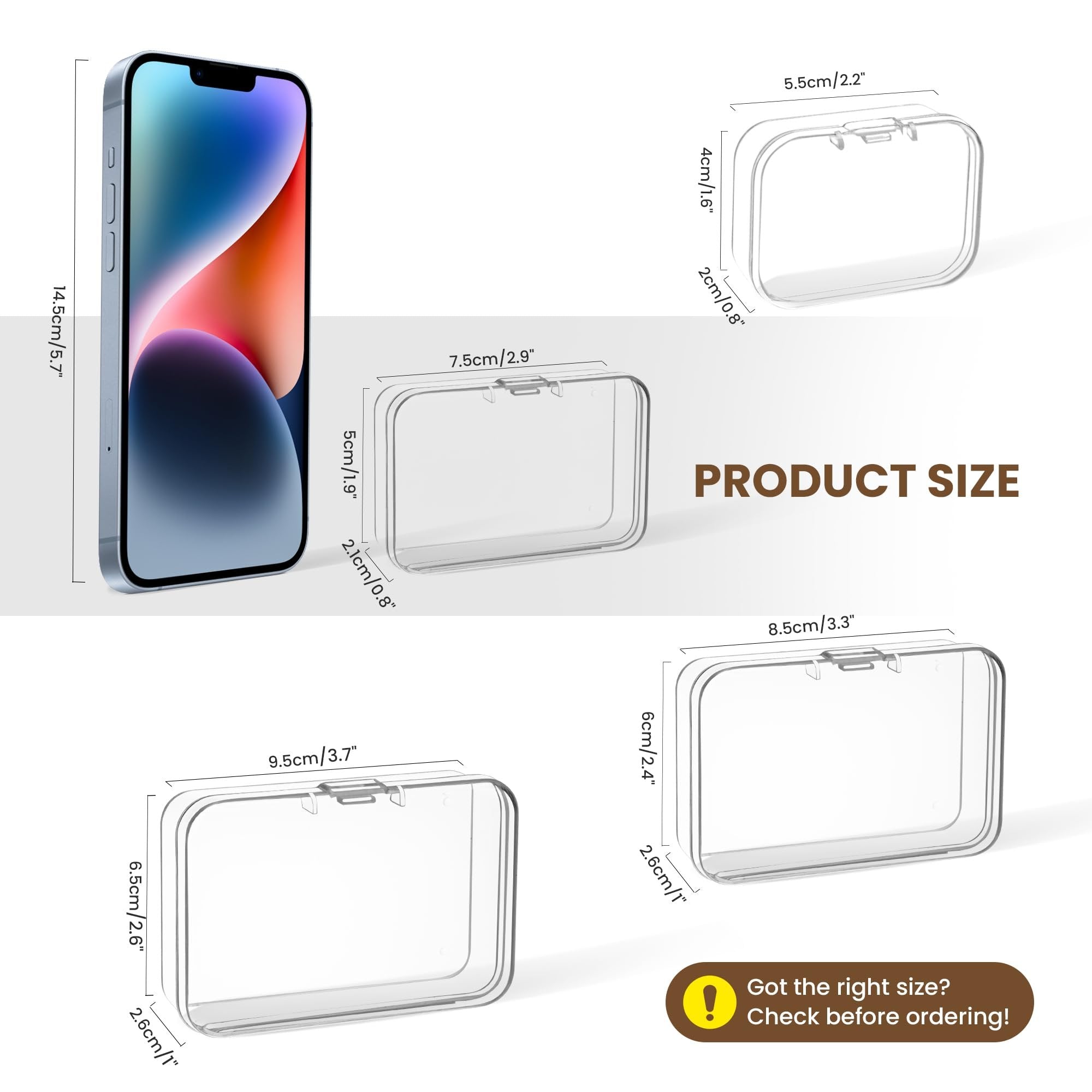 Product size comparison showing a smartphone next to four clear plastic organizer boxes with dimensions labeled in cm and inches.