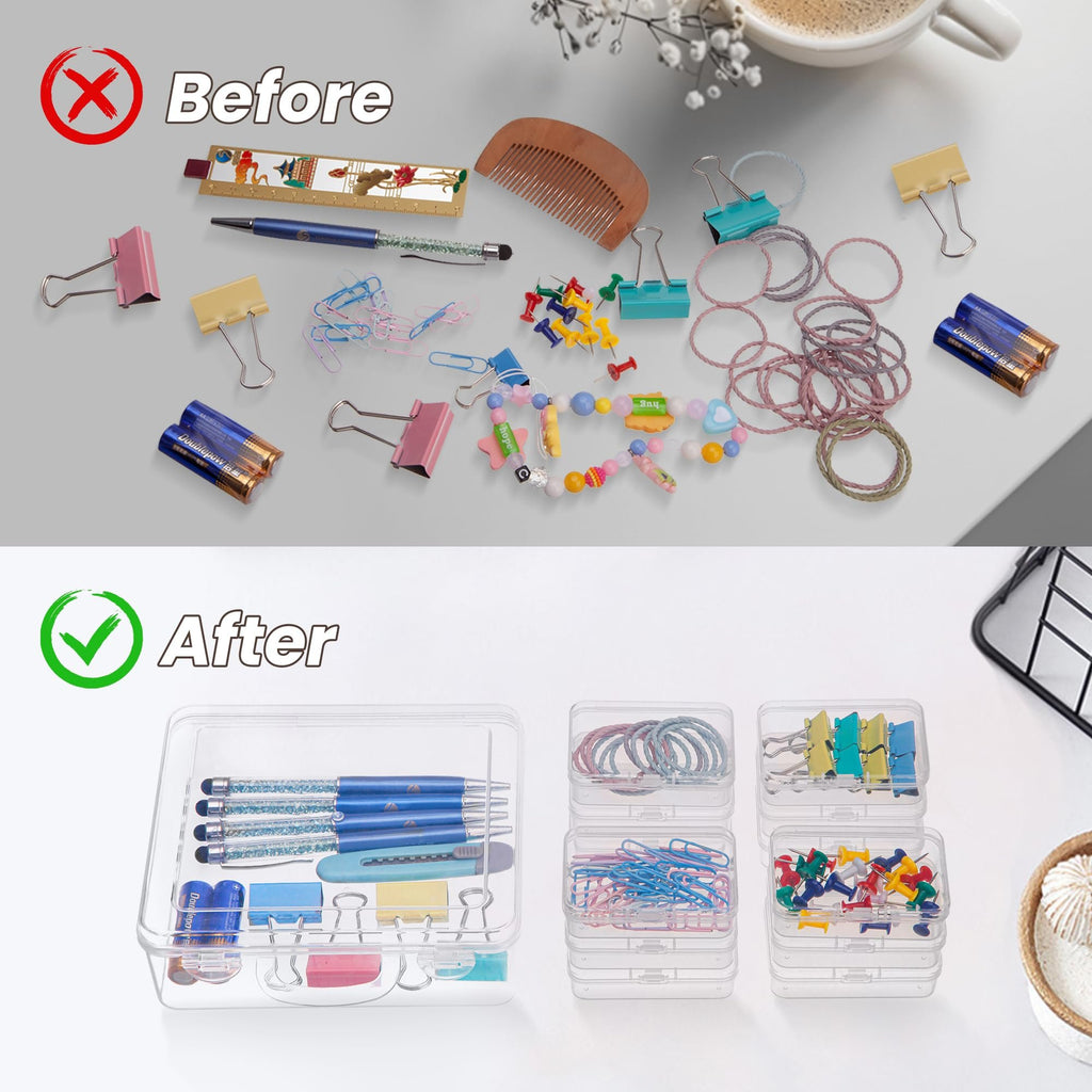Before and after comparison of organizing small office supplies in clear plastic containers.
