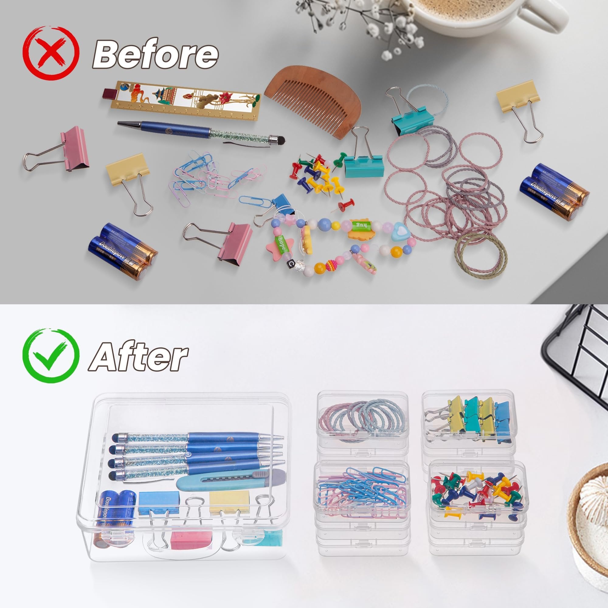 Before and after comparison of organizing small office supplies in clear plastic containers.