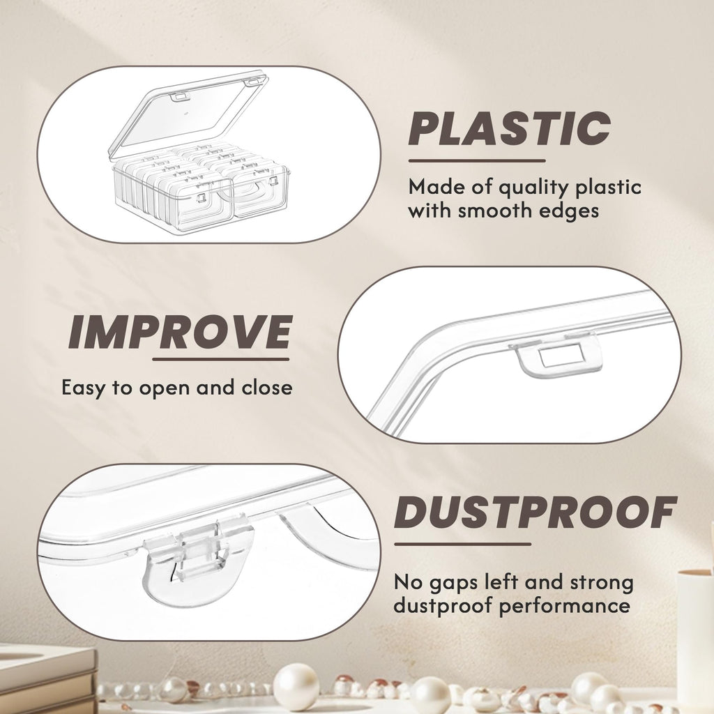 Collage of clear plastic bead organizers showing features like hinged lids, smooth edges, and dustproof design.