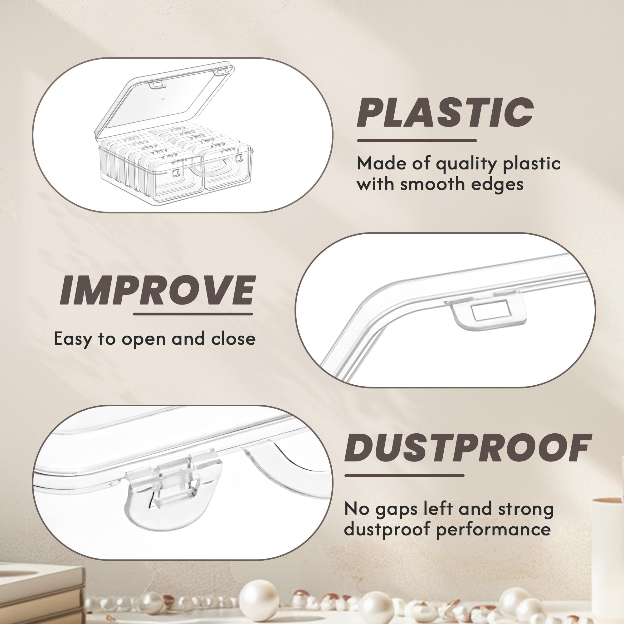 Collage of clear plastic bead organizers showing features like hinged lids, smooth edges, and dustproof design.