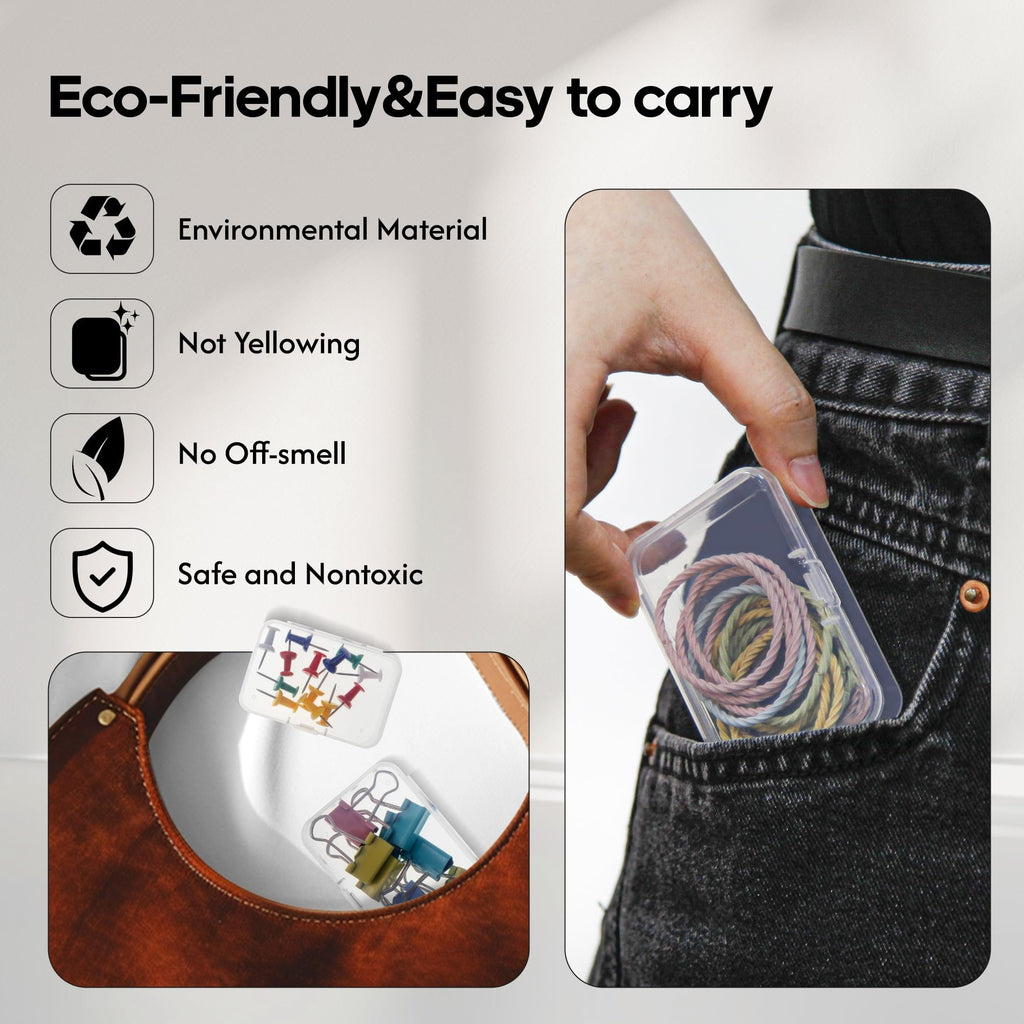 Collage showing clear plastic organizers with small items and a hand placing a hair tie organizer into a pocket.