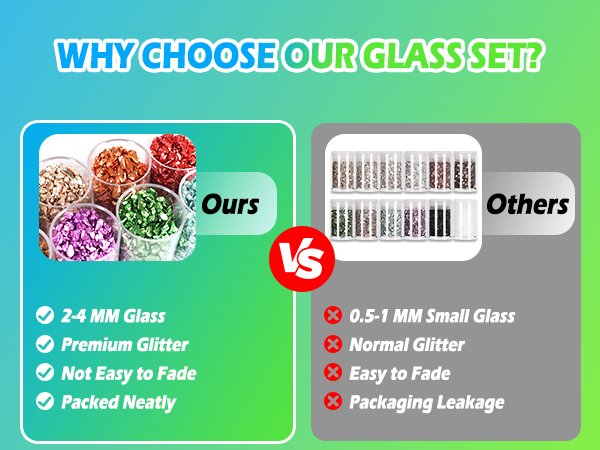 Comparison of crushed glass glitter sets, showing 'Ours' with larger, vibrant glass chips and 'Others' with smaller, duller glitter.