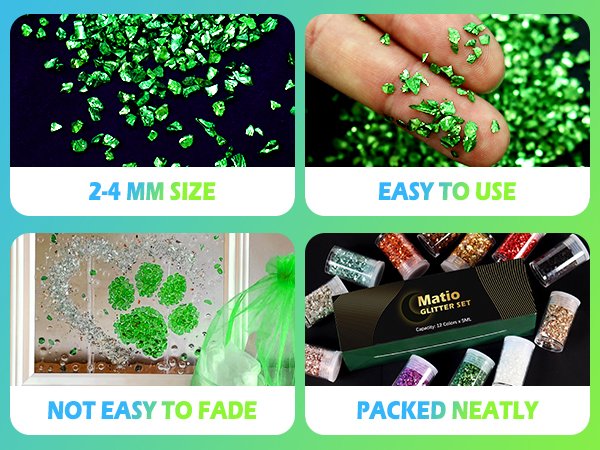 Four images showing crushed glass glitter: scattered green glitter on black, green glitter on fingers, glitter art on a surface, and a set of glitter jars.