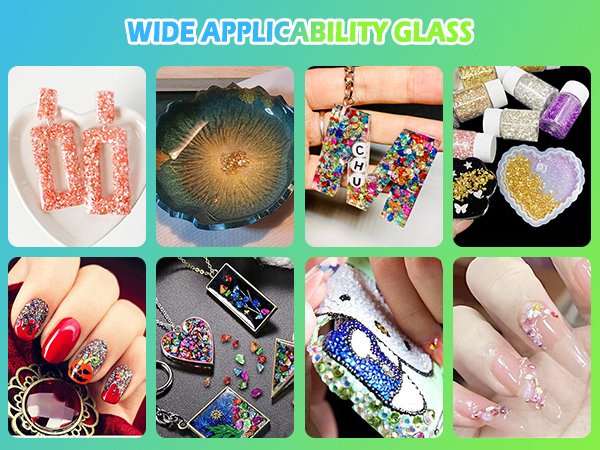 Collage of crushed glass glitter crafts including earrings, resin art, jewelry, nail art, and glitter bottles.