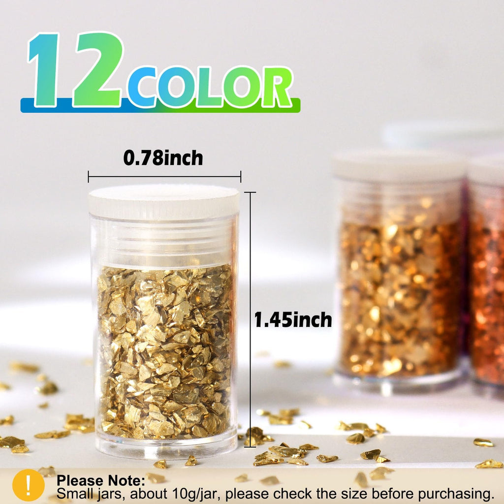 Clear jars filled with gold crushed glass glitter, with dimensions indicated.