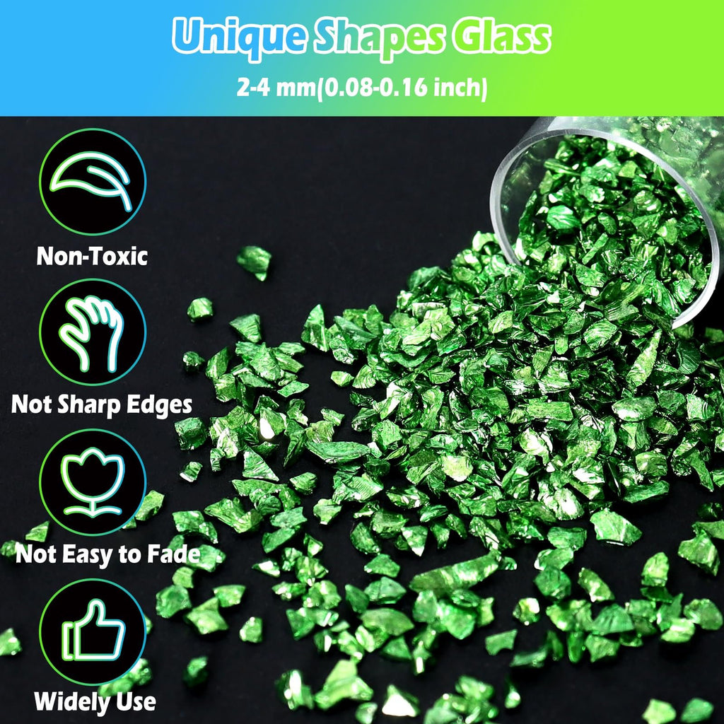 Green crushed glass chips spilling from a clear container onto a black surface, with feature callouts on the left.