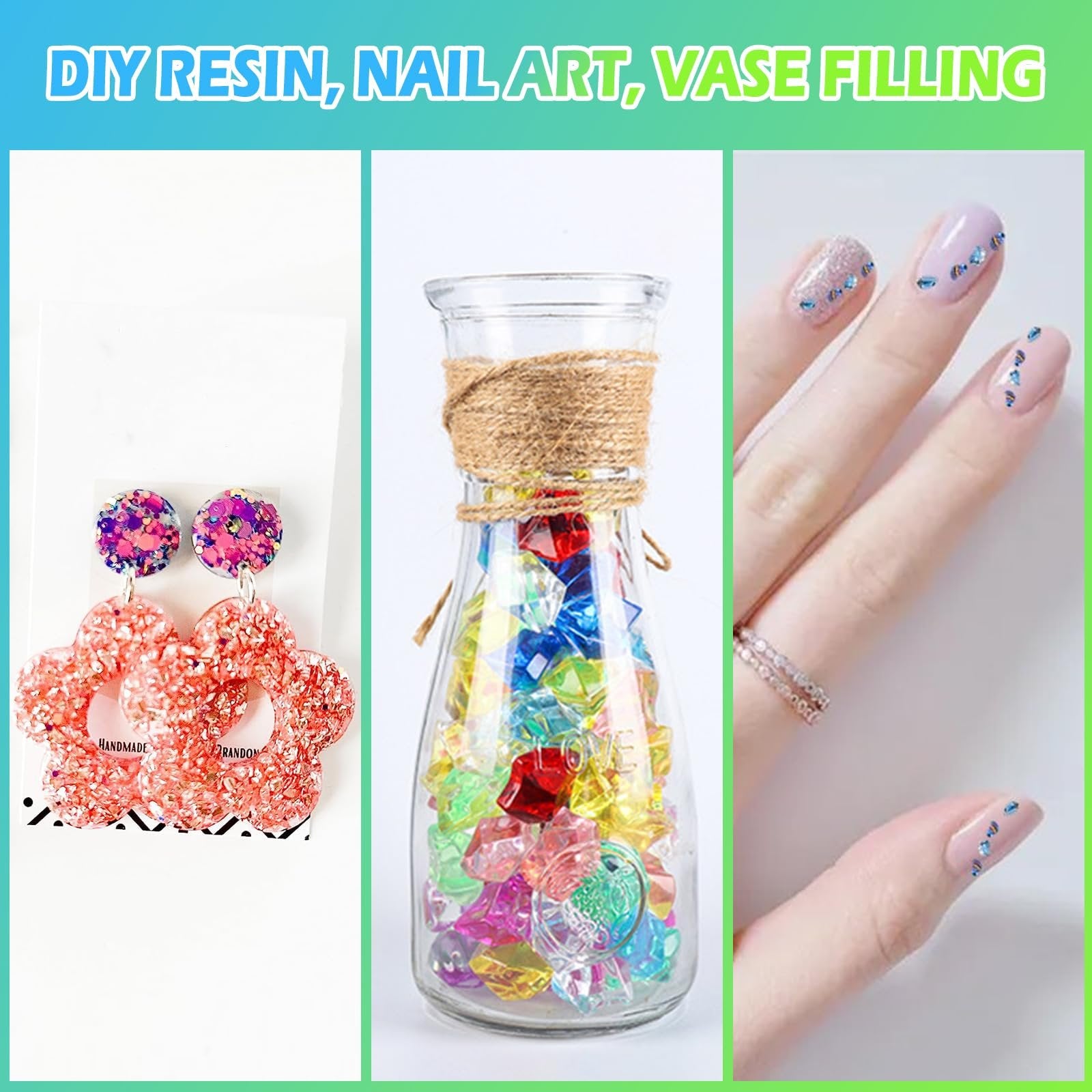 Collage of resin art: glitter earrings, colorful gems in a bottle, and nails with glitter accents.