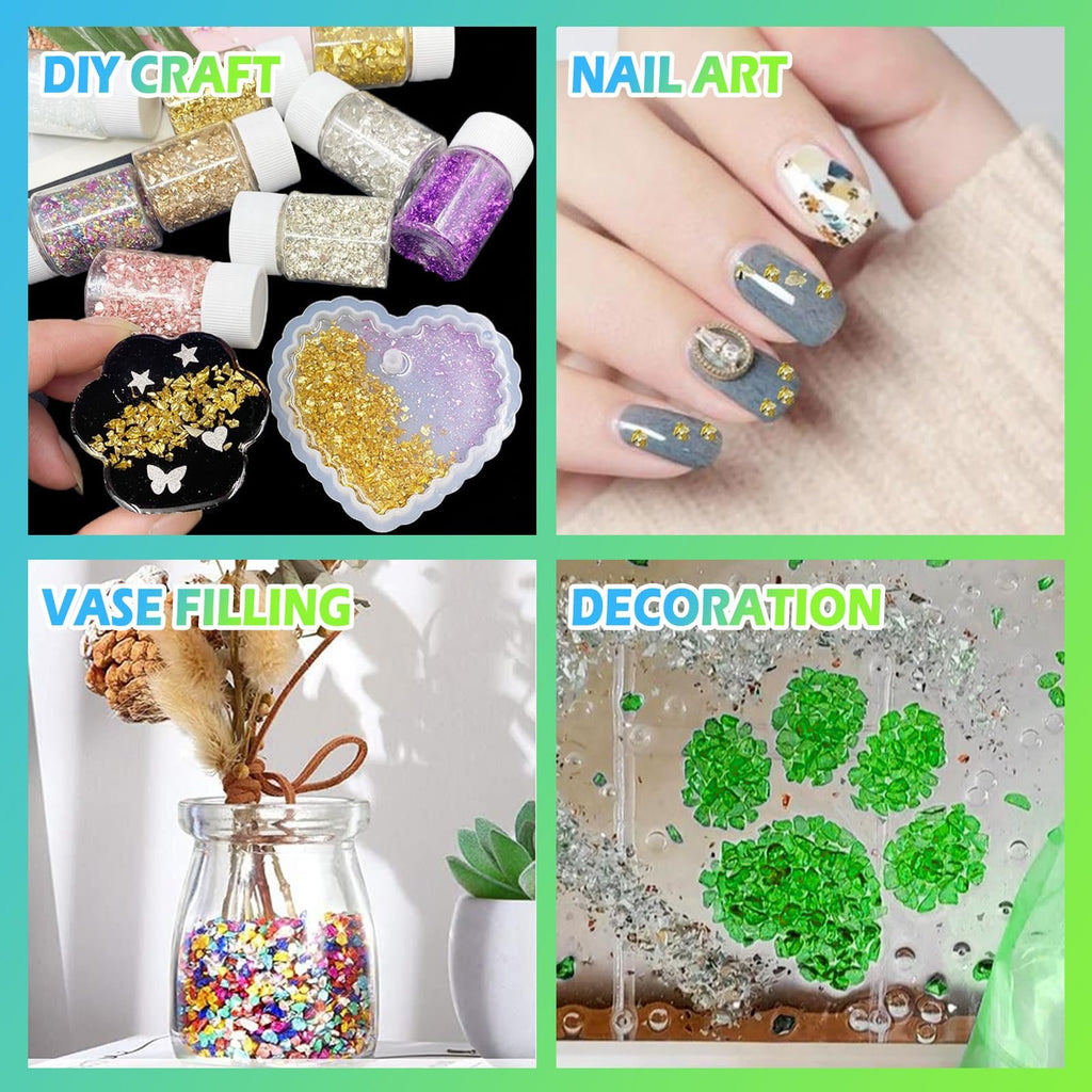Collage of crushed glass glitter for crafts: bottles of glitter, resin molds, decorated nails, vase filling, and paw print decoration.