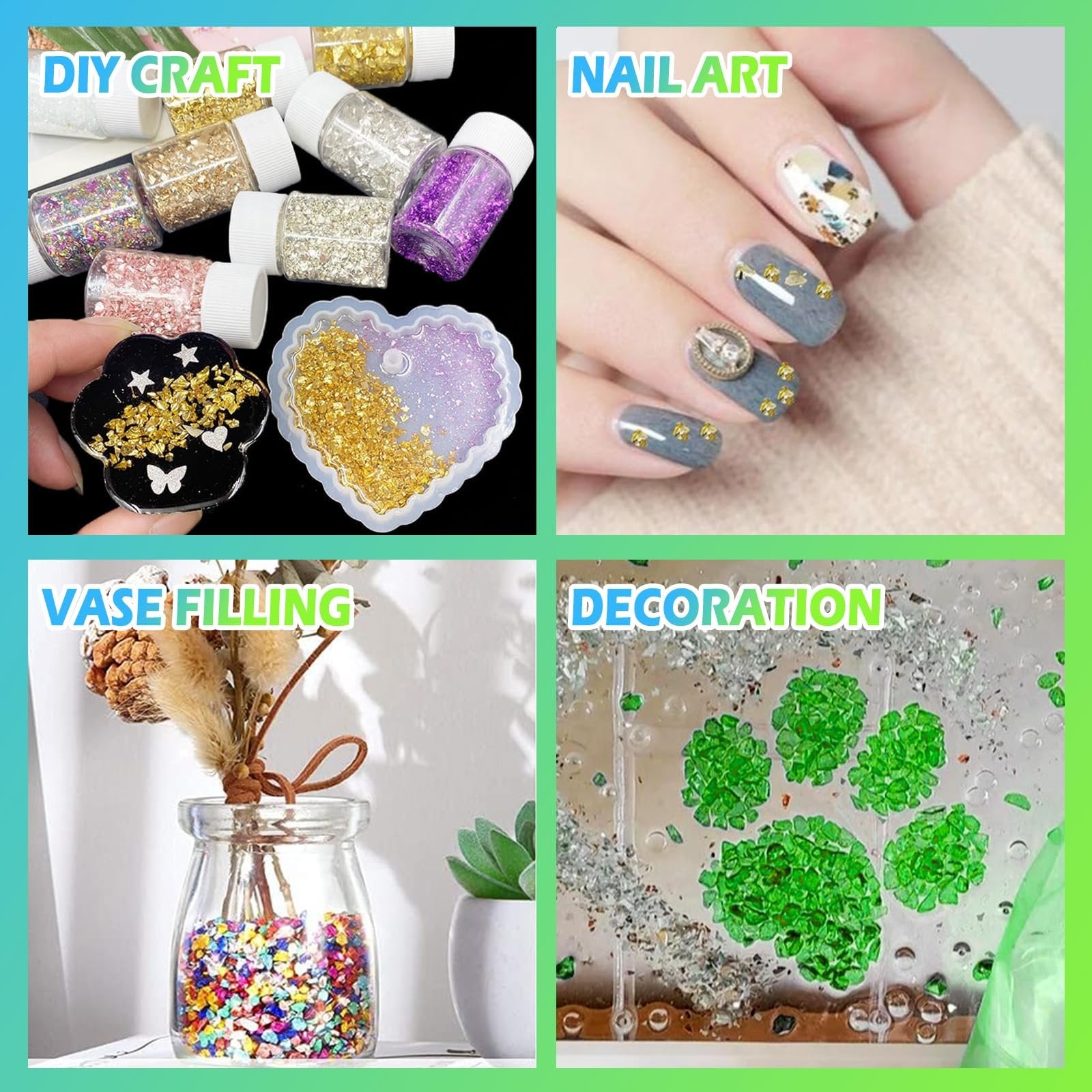 Collage of crushed glass glitter for crafts: bottles of glitter, resin molds, decorated nails, vase filling, and paw print decoration.
