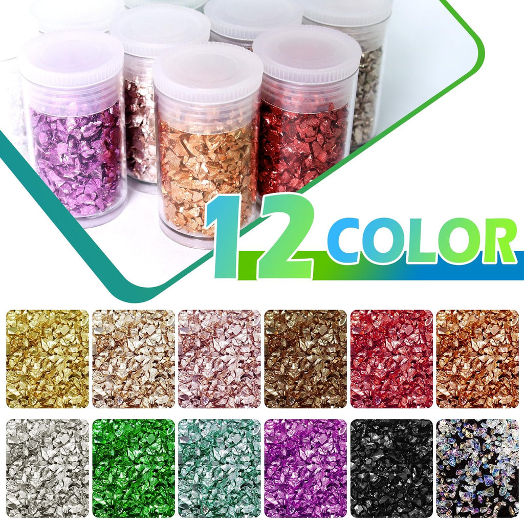 Assortment of 12 jars filled with crushed glass glitter in various colors, displayed with individual color swatches below.
