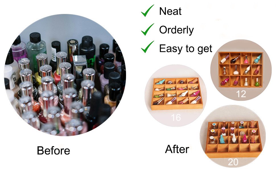 Before and after comparison of nail polish bottles organized in a wooden compartment tray. The 'before' shows a cluttered collection, while the 'after' displays neatly arranged bottles in compartments labeled 12, 16, and 20.