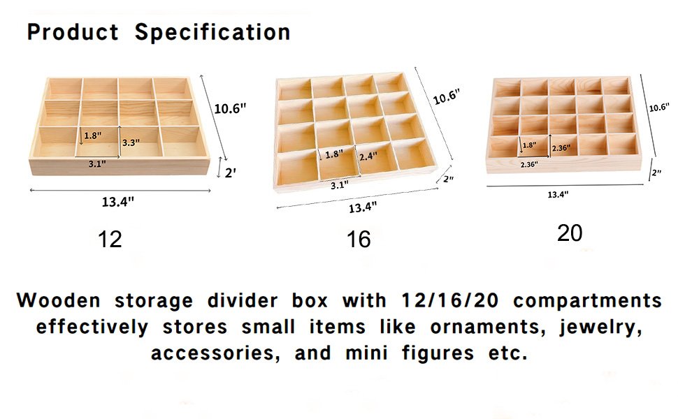 Three wooden organizer boxes with 12, 16, and 20 compartments, showing dimensions and capacity.