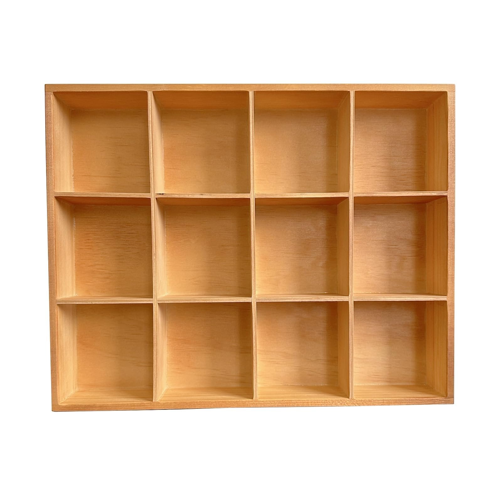 Wooden organizer box with 12 compartments, front view, isolated on white background.