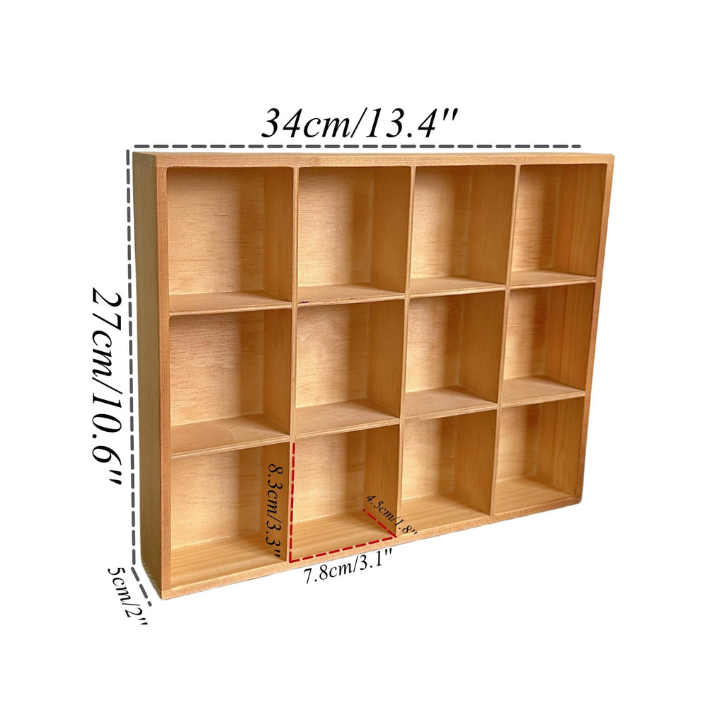 Wooden organizer box with 12 compartments, shown from a slight angle with dimensions overlaid.