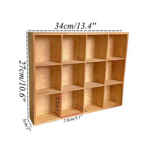 Wooden organizer box with 12 compartments, shown from a slight angle with dimensions overlaid.