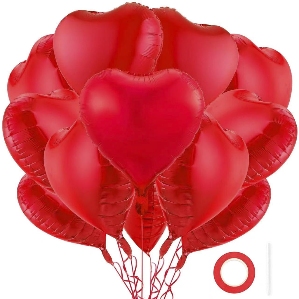 Cluster of 12 red heart-shaped balloons with red ribbons, alongside a roll of red tape and a white straw on a white background.