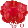 Cluster of 12 red heart-shaped balloons with red ribbons, alongside a roll of red tape and a white straw on a white background.