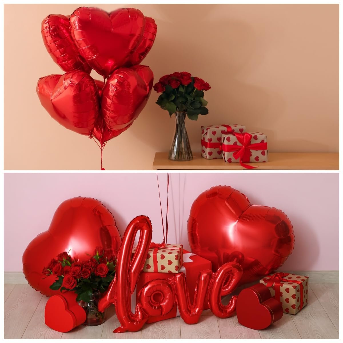 Red heart-shaped balloons and 'LOVE' balloon arrangement with roses and gift boxes