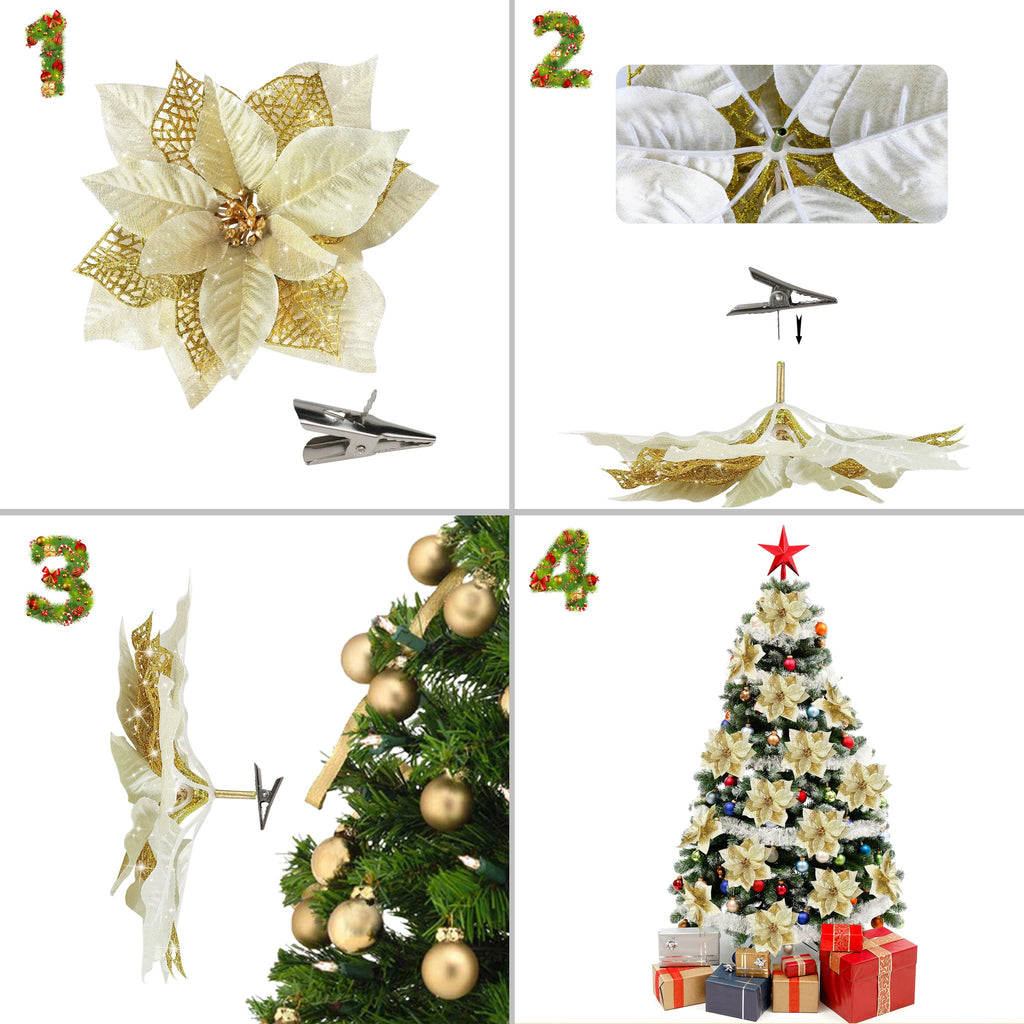 Collage showing gold glitter artificial poinsettia flowers with clips and a decorated Christmas tree.