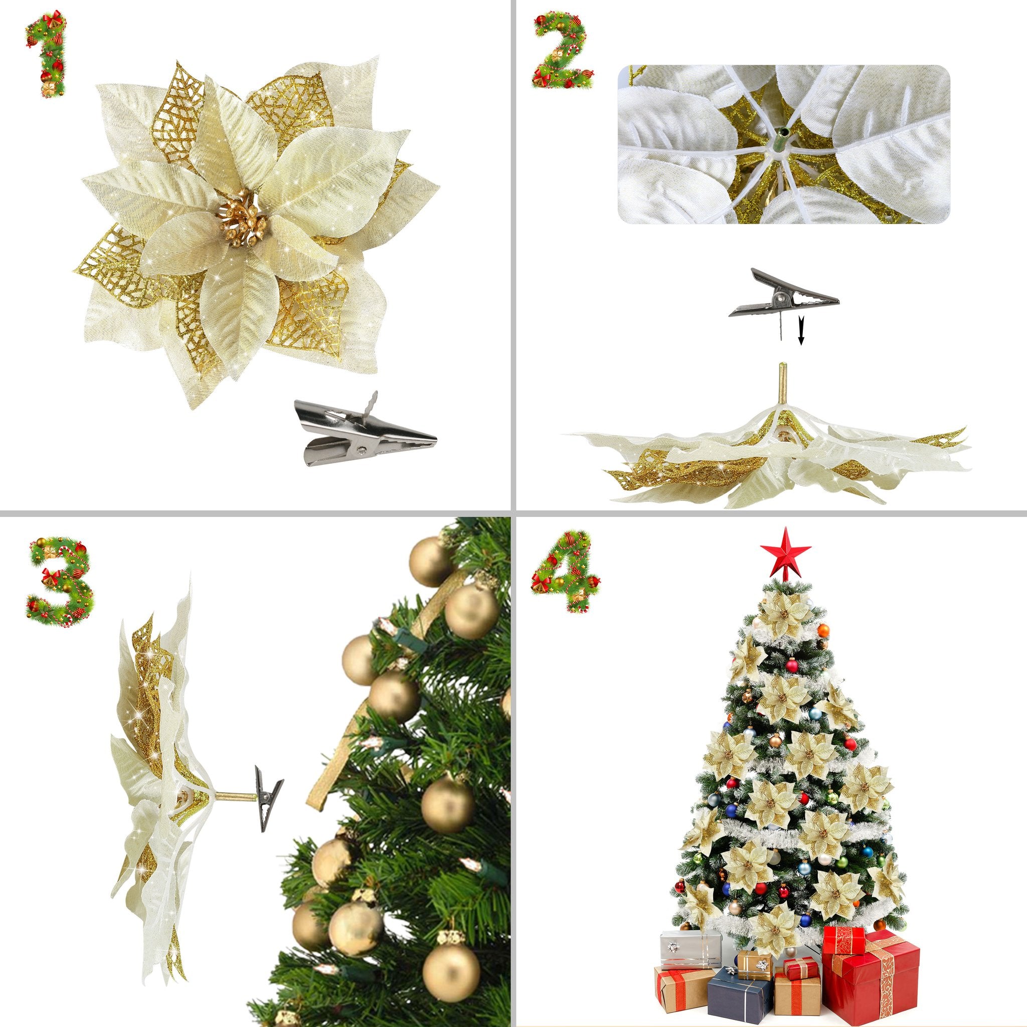 Collage showing gold glitter artificial poinsettia flowers with clips and a decorated Christmas tree.