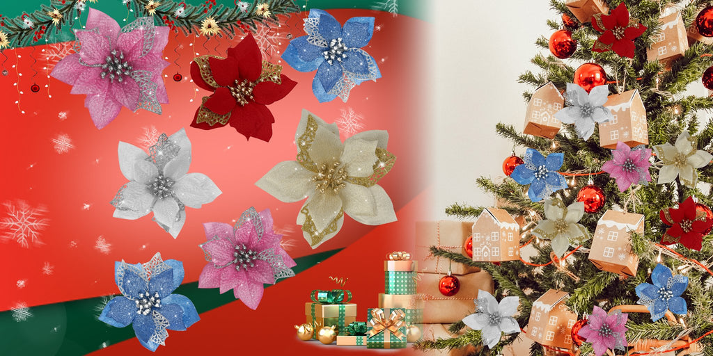 Assortment of glitter poinsettia flowers with metal clips displayed on a Christmas tree and a festive background.