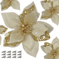 Gold glitter artificial poinsettia flowers with metal clips for holiday decor