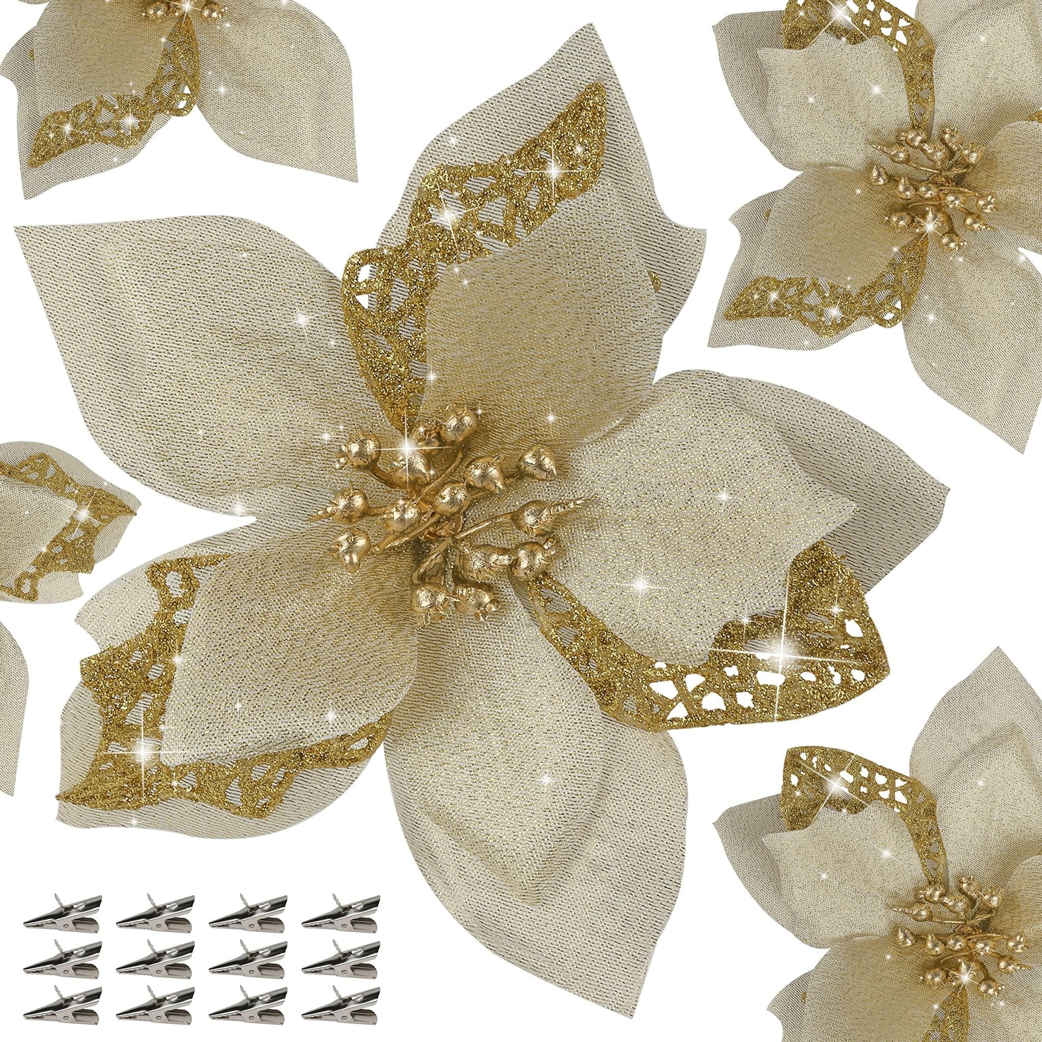 Gold glitter artificial poinsettia flowers with metal clips for holiday decor