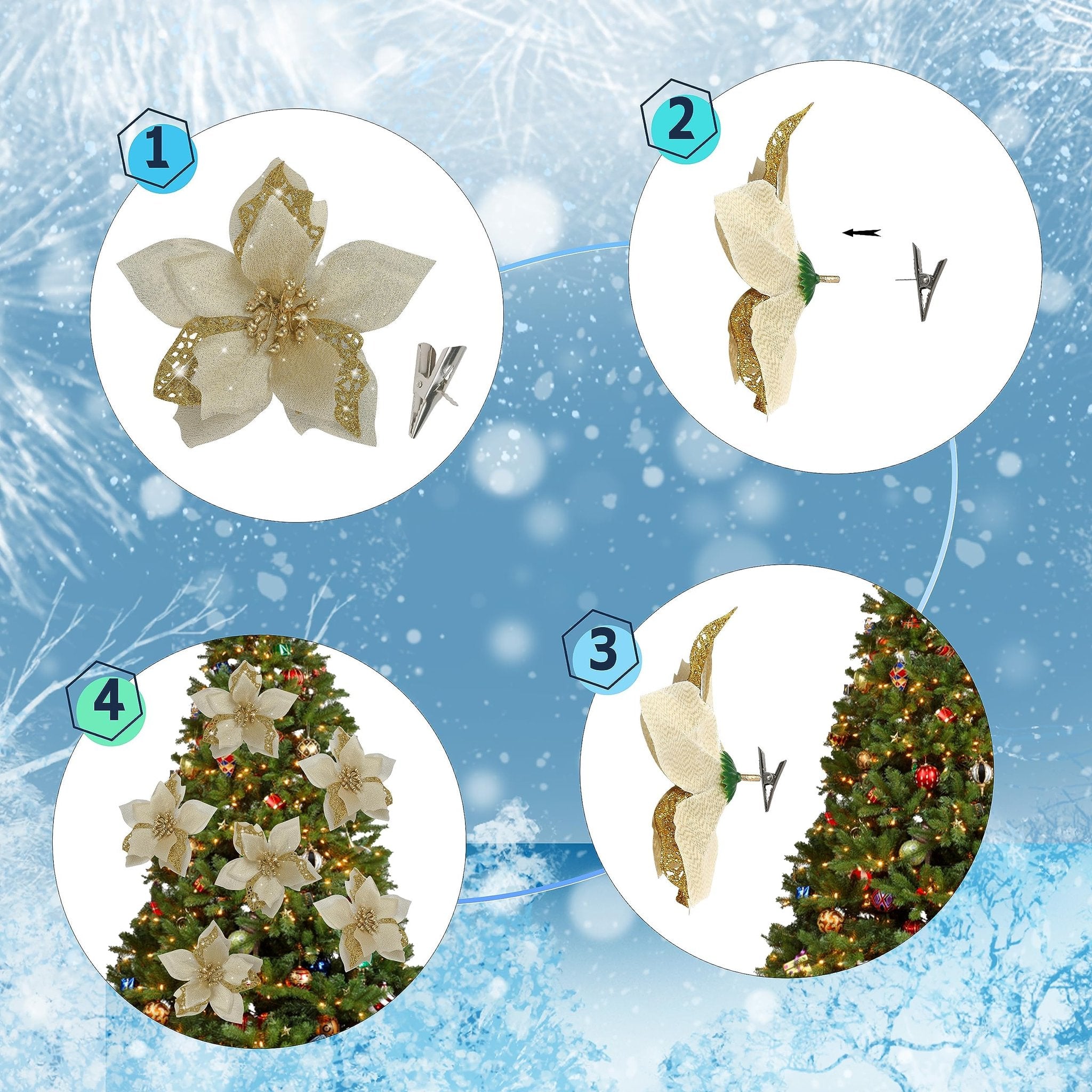 Four-panel graphic showing gold glitter poinsettia flowers with clips and decorated Christmas tree.