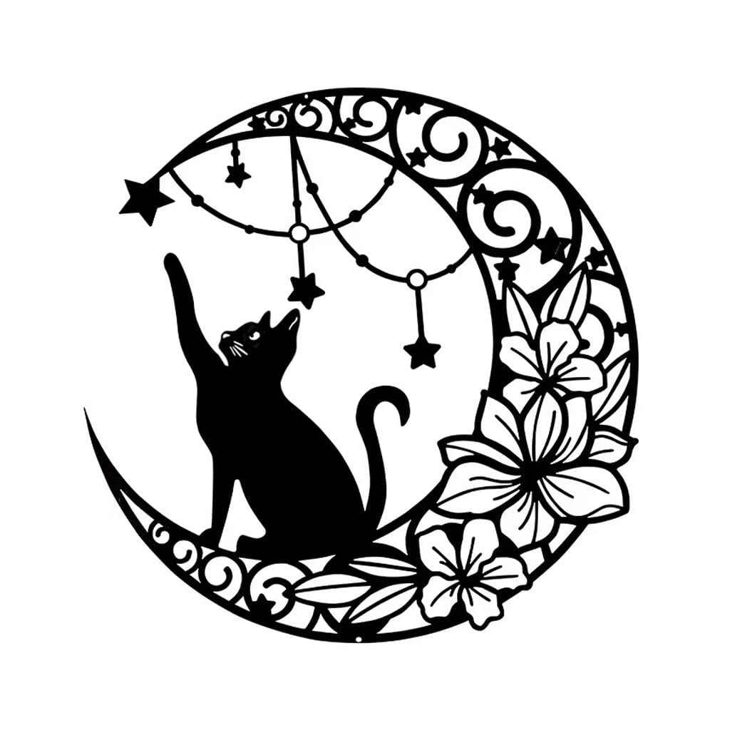 Black metal moon cat wall decor with stars and flowers, silhouette art sculpture