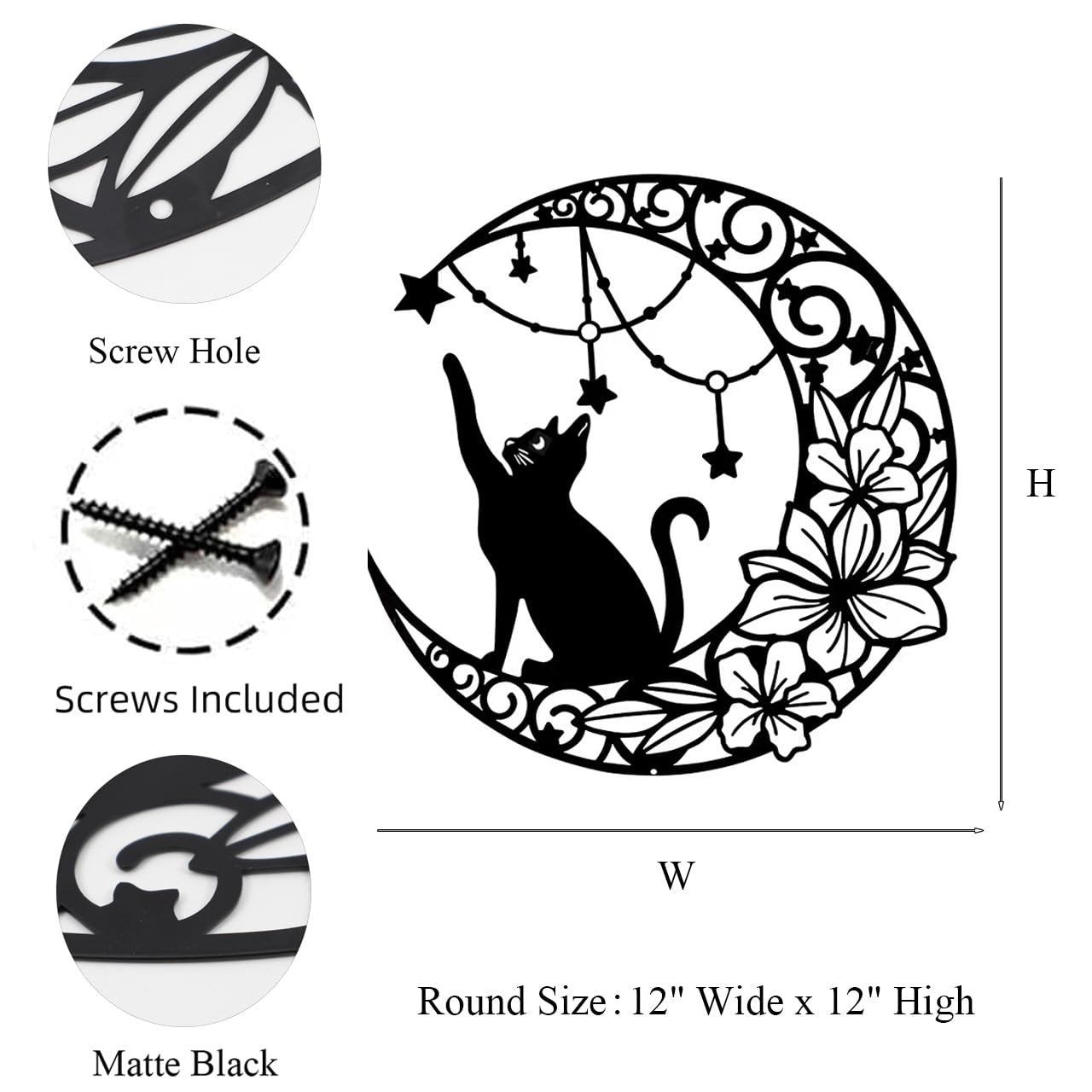 Black metal moon cat wall decor with flowers and stars, showing screw hole, screws, and dimensions W and H.