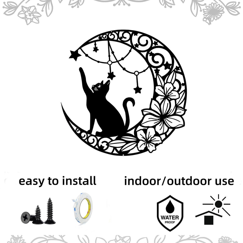 Black metal moon cat wall decor with stars and flowers, includes screws and tape