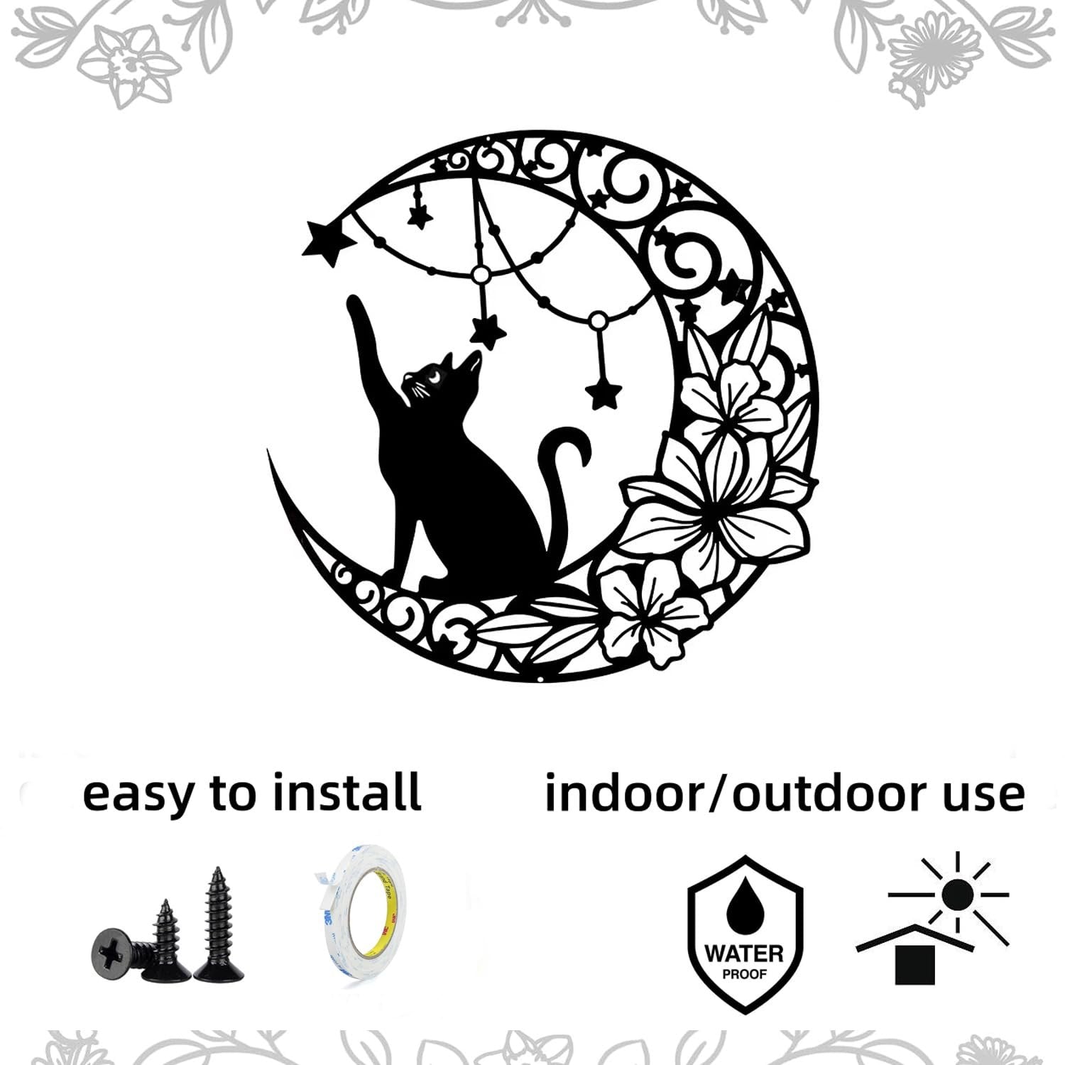 Black metal moon cat wall decor with stars and flowers, includes screws and tape