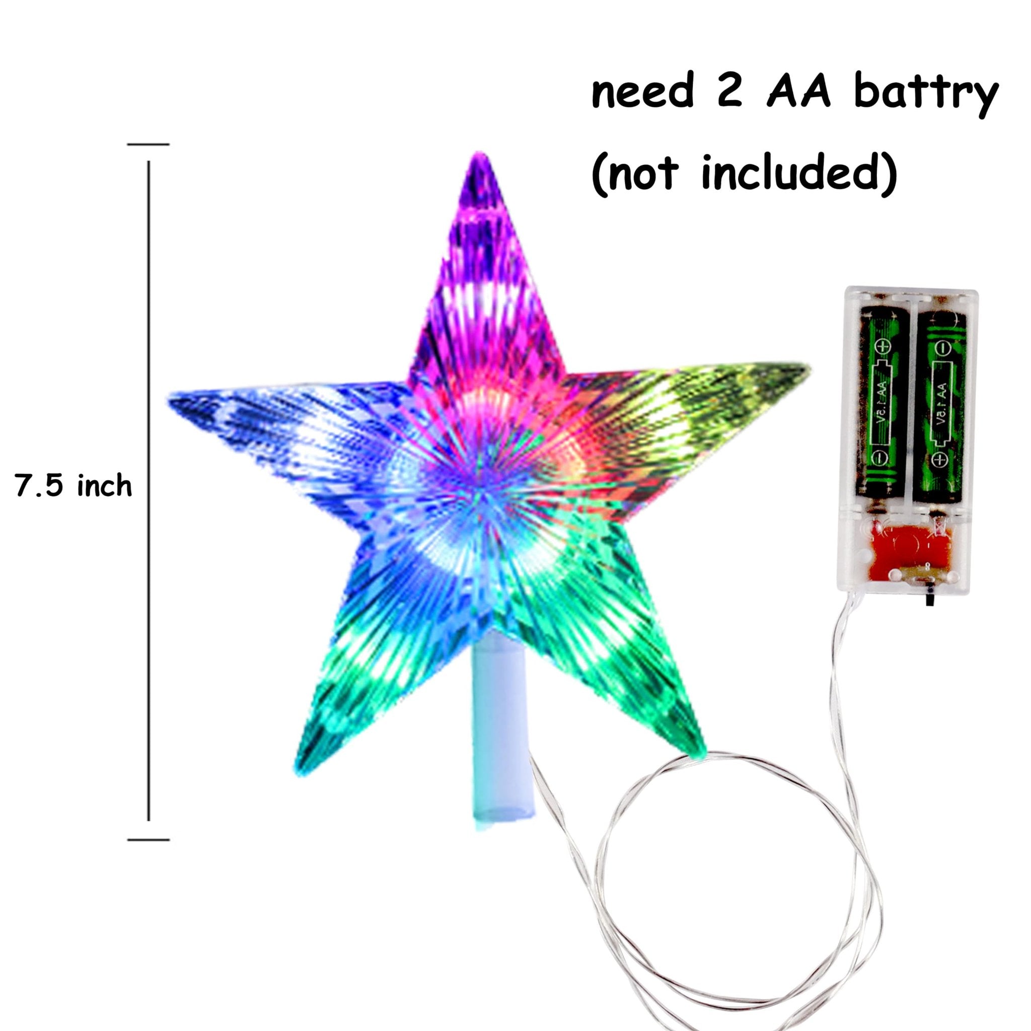 Lighted star Christmas tree topper with battery pack and text indicating size and battery requirements.