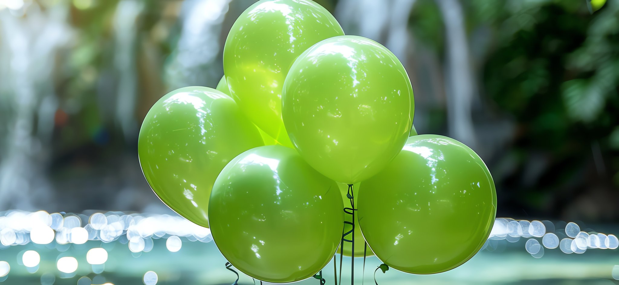 Bunch of bright green pearlized latex balloons floating in front of a blurred waterfall and bokeh lights